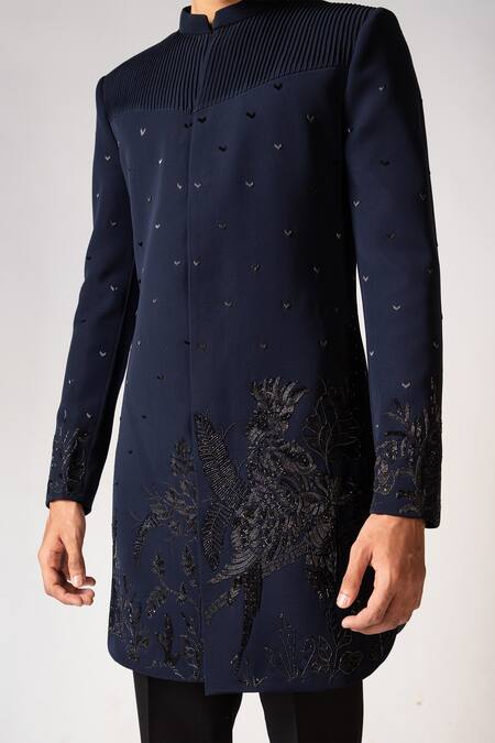 Shop_PAARSH_Blue Lycra Diamonds, Embroidery Macaow Achkan With Pant _Online_at_Aza_Fashions