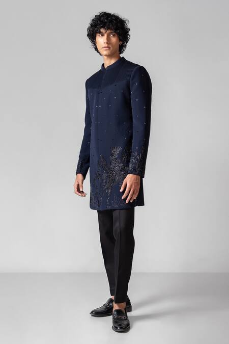 Buy_PAARSH_Blue Lycra Diamonds, Embroidery Macaow Achkan With Pant 