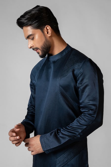 PAARSH_Blue Linen, Satin, Cotton Solid Pintuck Kurta With Pant _Online_at_Aza_Fashions