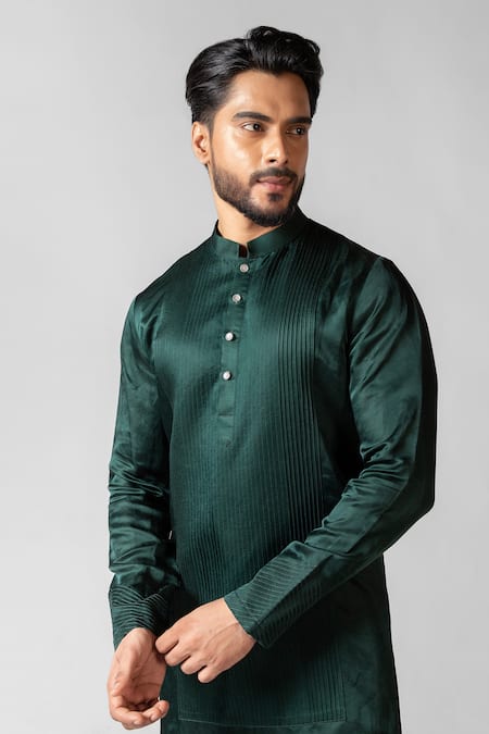 PAARSH_Green Linen, Satin, Cotton Pintuck Yoke Kurta With Pant _Online_at_Aza_Fashions