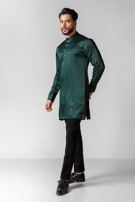 Buy_PAARSH_Green Linen, Satin, Cotton Pintuck Yoke Kurta With Pant _Online_at_Aza_Fashions