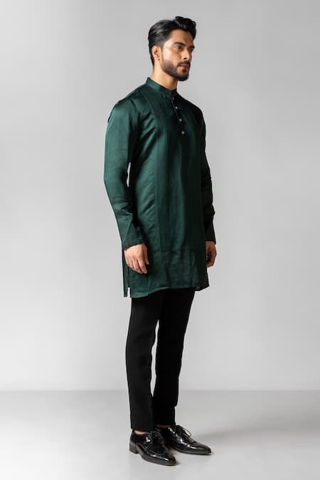 Shop_PAARSH_Green Linen, Satin, Cotton Pintuck Yoke Kurta With Pant _Online_at_Aza_Fashions