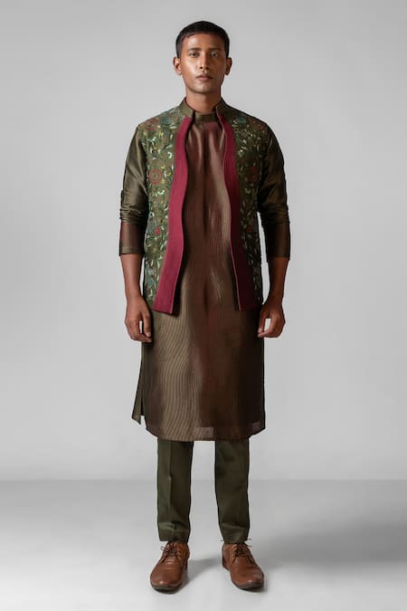 Paarsh Green Nehru Jacket And Kurta Chanderi Embroidery Floral Liquid & Pant Set 