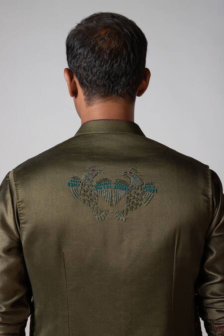 PAARSH_Green Chanderi, Cotton Embroidery Floral Nehru Jacket And Pant Set _Online_at_Aza_Fashions