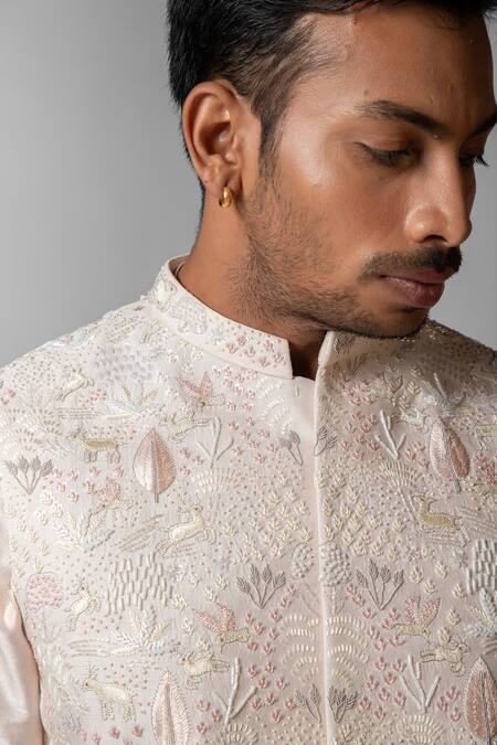 Buy_PAARSH_Blush Linen, Satin, Cotton Embroidery Nehru Jacket And Kurta Set _Online_at_Aza_Fashions