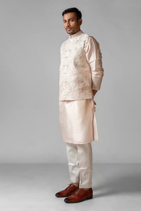 Shop_PAARSH_Blush Linen, Satin, Cotton Embroidery Nehru Jacket And Kurta Set _Online_at_Aza_Fashions