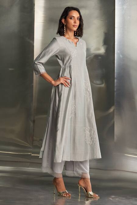 Charkhee_Grey Chanderi, Organza, Cotton Satin Embroidery Nakshi Hand Kurta Pant Set _Online_at_Aza_Fashions