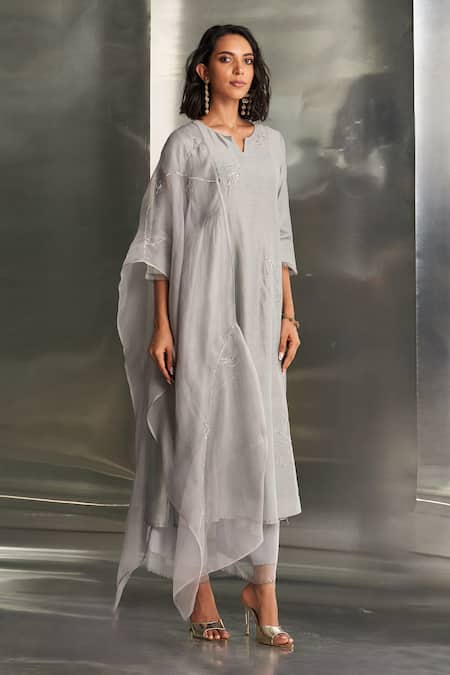Shop_Charkhee_Grey Chanderi, Organza, Cotton Satin Embroidery Nakshi Hand Kurta Pant Set _Online_at_Aza_Fashions