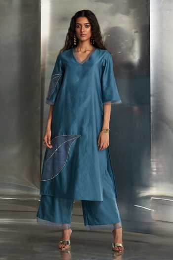 Charkhee_Blue Chanderi, , Organza, Satin Gota Patti, Hand Kurta Pant Set _Online_at_Aza_Fashions