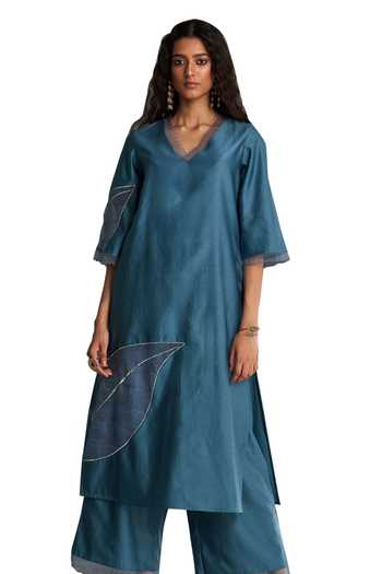 Buy_Charkhee_Blue Chanderi, , Organza, Satin Gota Patti, Hand Kurta Pant Set _Online_at_Aza_Fashions