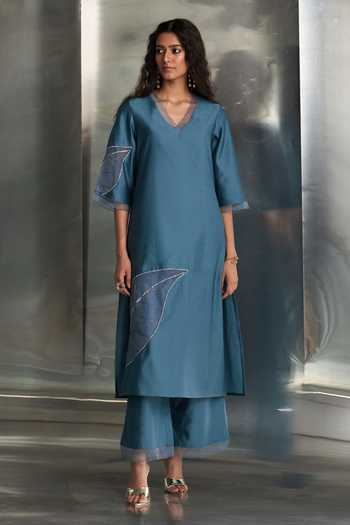Shop_Charkhee_Blue Chanderi, , Organza, Satin Gota Patti, Hand Kurta Pant Set _Online_at_Aza_Fashions