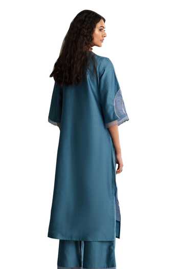 Charkhee_Blue Chanderi, , Organza, Satin Gota Patti, Hand Kurta Pant Set _at_Aza_Fashions