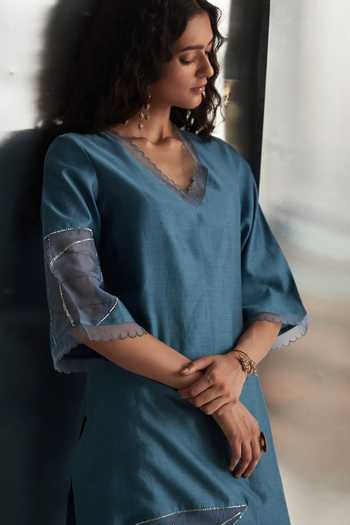 Buy_Charkhee_Blue Chanderi, , Organza, Satin Gota Patti, Hand Kurta Pant Set 