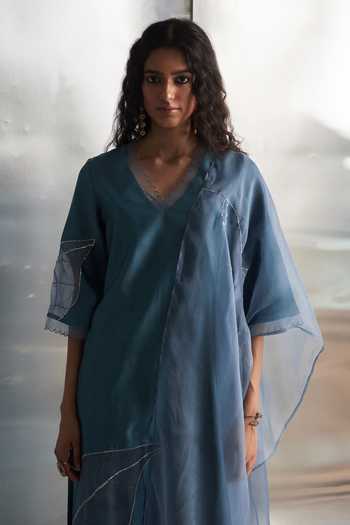 Shop_Charkhee_Blue Chanderi, , Organza, Satin Gota Patti, Hand Kurta Pant Set 