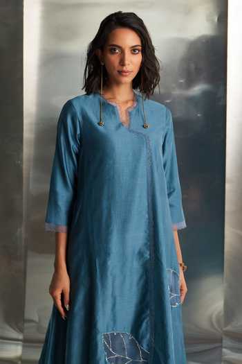 Shop_Charkhee_Blue Chanderi, , Satin, Organza Scallop Hem Kurta Pant Set _Online_at_Aza_Fashions