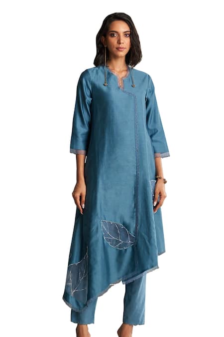 Buy_Charkhee_Blue Chanderi, , Satin, Organza Scallop Hem Kurta Pant Set 