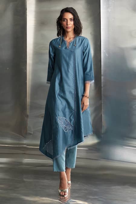 Shop_Charkhee_Blue Chanderi, , Satin, Organza Scallop Hem Kurta Pant Set 