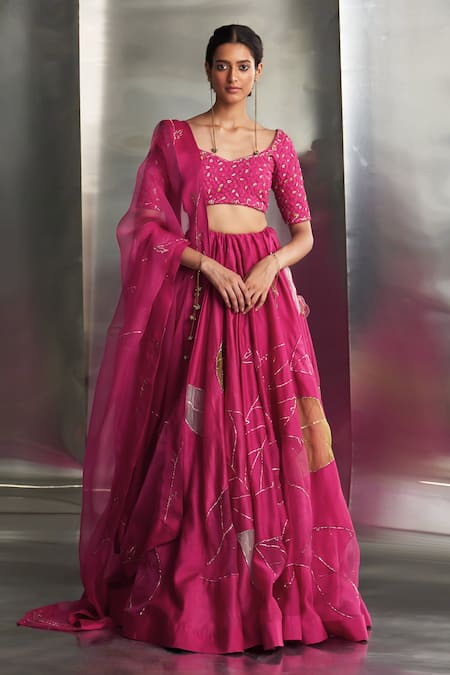 Charkhee Pink Blouse Chanderi Hand Embroidered Nakshi Plunge Neck Lehenga Set 