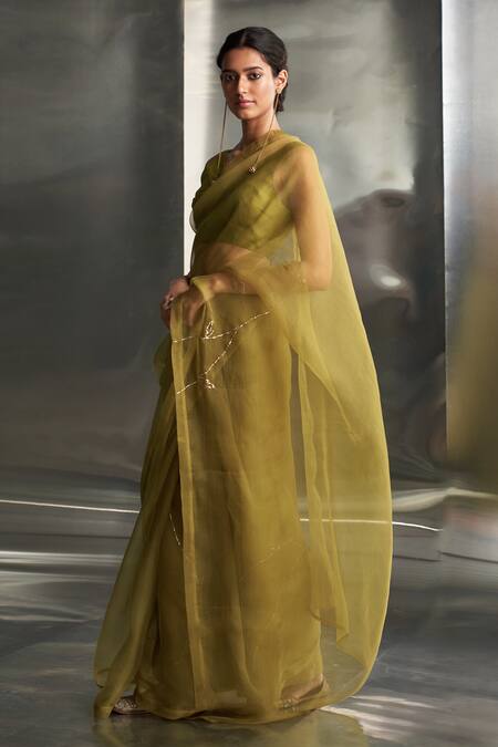 Charkhee_Green Organza, Chanderi Embroidery V-neck Nakshi Hand Saree With Blouse _Online_at_Aza_Fashions
