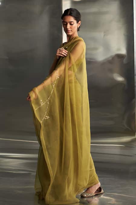 Buy_Charkhee_Green Organza, Chanderi Embroidery V-neck Nakshi Hand Saree With Blouse _Online_at_Aza_Fashions