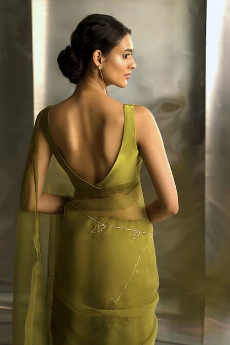 Shop_Charkhee_Green Organza, Chanderi Embroidery V-neck Nakshi Hand Saree With Blouse _Online_at_Aza_Fashions