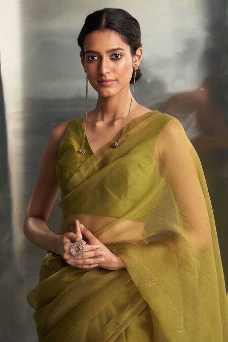 Charkhee_Green Organza, Chanderi Embroidery V-neck Nakshi Hand Saree With Blouse _at_Aza_Fashions