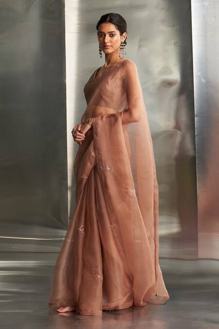 Charkhee_Brown Organza, Chanderi Embroidery V-neck Nakshi Saree With Blouse _Online_at_Aza_Fashions