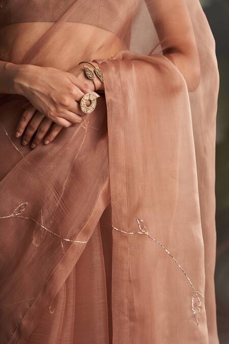 Shop_Charkhee_Brown Organza, Chanderi Embroidery V-neck Nakshi Saree With Blouse _Online_at_Aza_Fashions