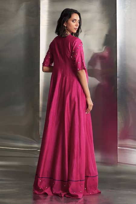 Shop Charkhee Pink Kurta Chanderi Embellished Studs V Neck Gems Sleeves Angarkha Set at Aza Fashions Shop_Charkhee_Pink Kurta Chanderi Embellished Studs V Neck Gems Sleeves Angarkha Set _at_Aza_Fashions