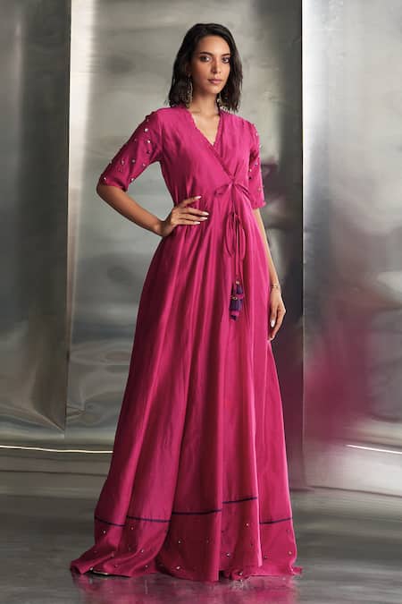 Buy Charkhee Pink Kurta Chanderi Embellished Studs V Neck Gems Sleeves Angarkha Set Online at Aza Fashions Buy_Charkhee_Pink Kurta Chanderi Embellished Studs V Neck Gems Sleeves Angarkha Set _Online_at_Aza_Fashions