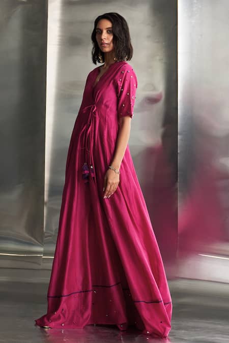 Shop Charkhee Pink Kurta Chanderi Embellished Studs V Neck Gems Sleeves Angarkha Set Online at Aza Fashions Shop_Charkhee_Pink Kurta Chanderi Embellished Studs V Neck Gems Sleeves Angarkha Set _Online_at_Aza_Fashions