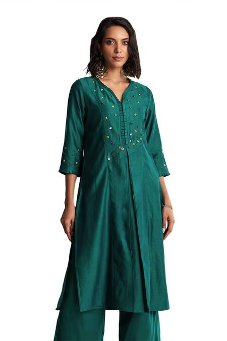 Buy Charkhee Green Kurta Chanderi Embellished Studs V Neck Gems Palazzo Set Buy_Charkhee_Green Kurta Chanderi Embellished Studs V Neck Gems Palazzo Set