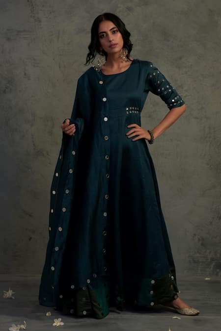 Charkhee Blue Kurta Chanderi Embroidered Mirror Round Anarkali With Dupatta 