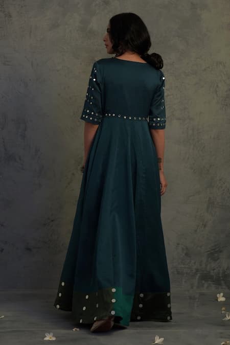 Shop Charkhee Blue Chanderi, Cotton Mirrors Round Neck Embroidered Anarkali With Dupatta at Aza Fashions Shop_Charkhee_Blue Chanderi, Cotton Mirrors Round Neck Embroidered Anarkali With Dupatta _at_Aza_Fashions