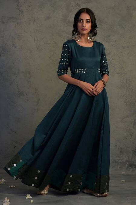 Charkhee Blue Chanderi, Cotton Mirrors Round Neck Embroidered Anarkali With Dupatta Online at Aza Fashions Charkhee_Blue Chanderi, Cotton Mirrors Round Neck Embroidered Anarkali With Dupatta _Online_at_Aza_Fashions