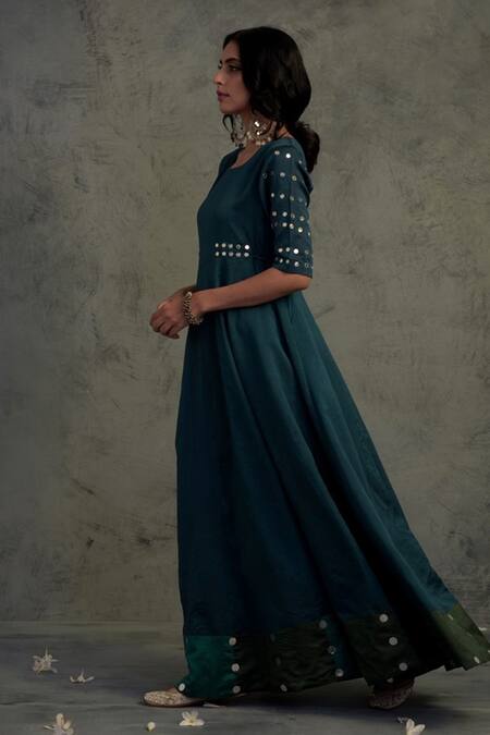 Buy Charkhee Blue Chanderi, Cotton Mirrors Round Neck Embroidered Anarkali With Dupatta Online at Aza Fashions Buy_Charkhee_Blue Chanderi, Cotton Mirrors Round Neck Embroidered Anarkali With Dupatta _Online_at_Aza_Fashions
