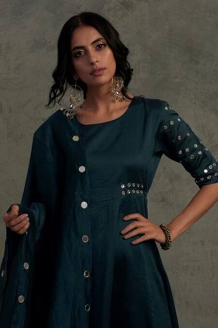 Shop Charkhee Blue Chanderi, Cotton Mirrors Round Neck Embroidered Anarkali With Dupatta Online at Aza Fashions Shop_Charkhee_Blue Chanderi, Cotton Mirrors Round Neck Embroidered Anarkali With Dupatta _Online_at_Aza_Fashions