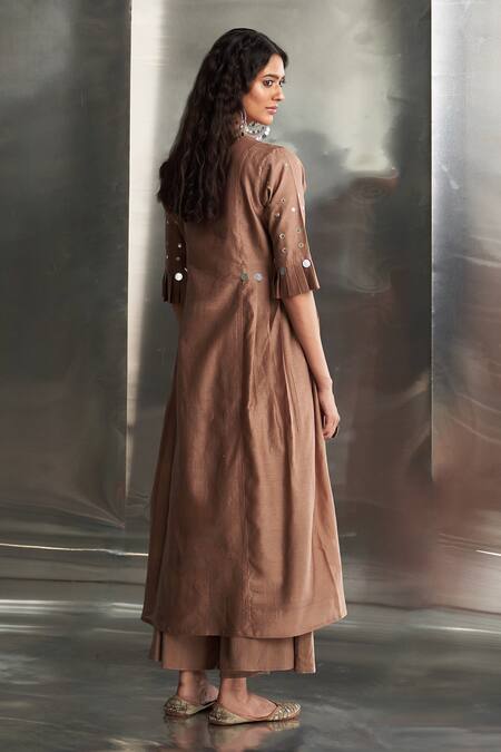 Shop_Charkhee_Brown Kurta Chanderi Embroidered Mirror Round Palazzo Set _at_Aza_Fashions