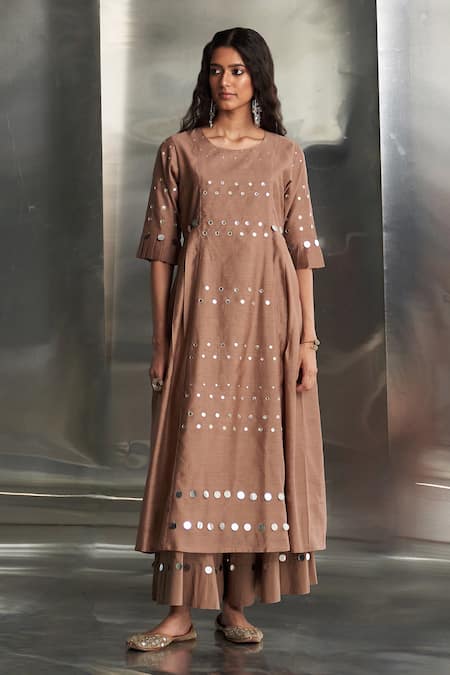 Shop_Charkhee_Brown Kurta Chanderi Embroidered Mirror Round Palazzo Set _Online_at_Aza_Fashions
