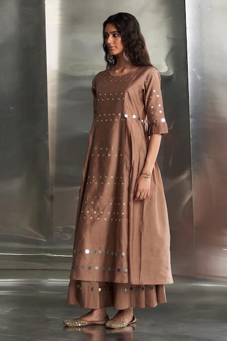 Buy_Charkhee_Brown Kurta Chanderi Embroidered Mirror Round Palazzo Set 