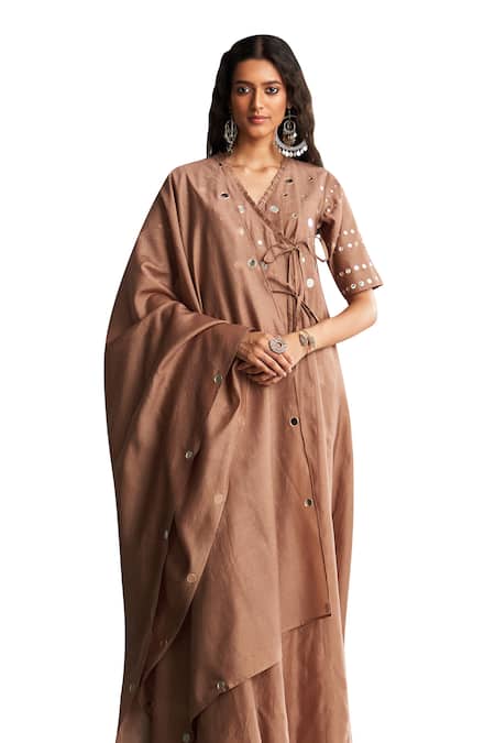 Charkhee_Brown Chanderi, Satin, Mirrors V-neck Embroidered Angarkha Set _Online_at_Aza_Fashions