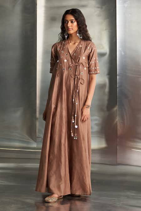 Buy_Charkhee_Brown Chanderi, Satin, Mirrors V-neck Embroidered Angarkha Set _Online_at_Aza_Fashions