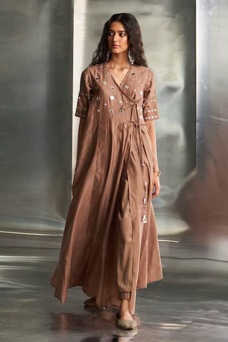 Shop_Charkhee_Brown Chanderi, Satin, Mirrors V-neck Embroidered Angarkha Set _Online_at_Aza_Fashions