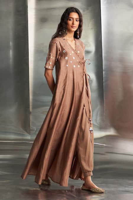 Charkhee_Brown Chanderi, Satin, Mirrors V-neck Embroidered Angarkha Set _at_Aza_Fashions