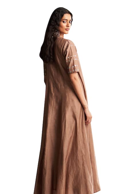 Buy_Charkhee_Brown Chanderi, Satin, Mirrors V-neck Embroidered Angarkha Set 