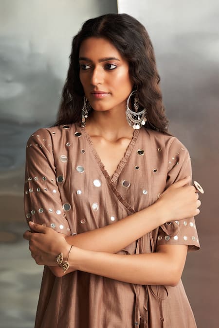 Shop_Charkhee_Brown Chanderi, Satin, Mirrors V-neck Embroidered Angarkha Set 
