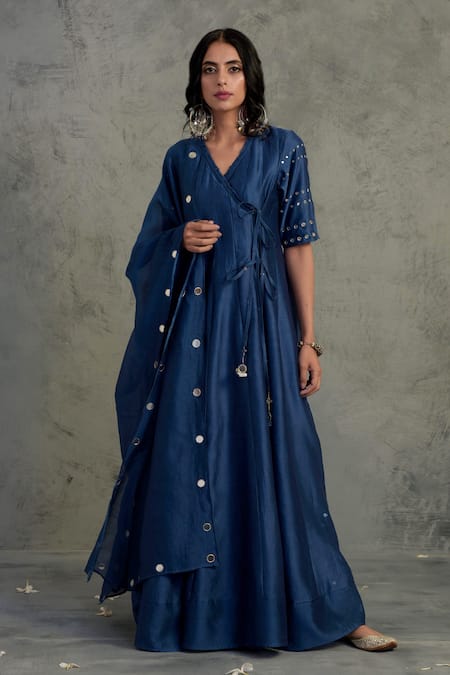 Charkhee Blue Angarkha Chanderi Embroidered Mirror V Neck Anarkali Set 