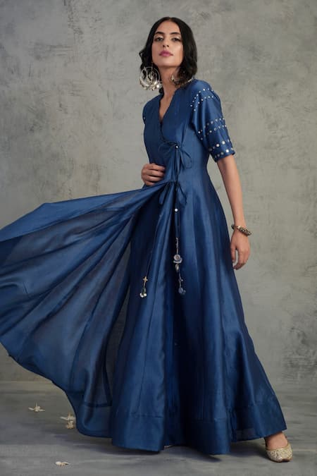 Charkhee_Blue Chanderi, Satin, Mirrors V-neck Embroidered Anarkali Set _Online_at_Aza_Fashions