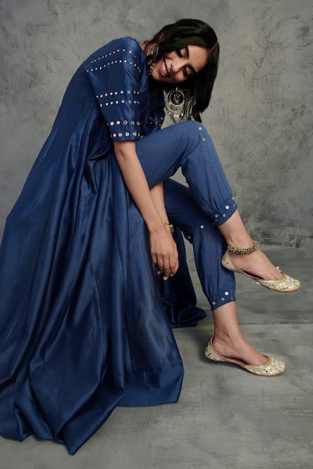 Shop_Charkhee_Blue Chanderi, Satin, Mirrors V-neck Embroidered Anarkali Set _Online_at_Aza_Fashions