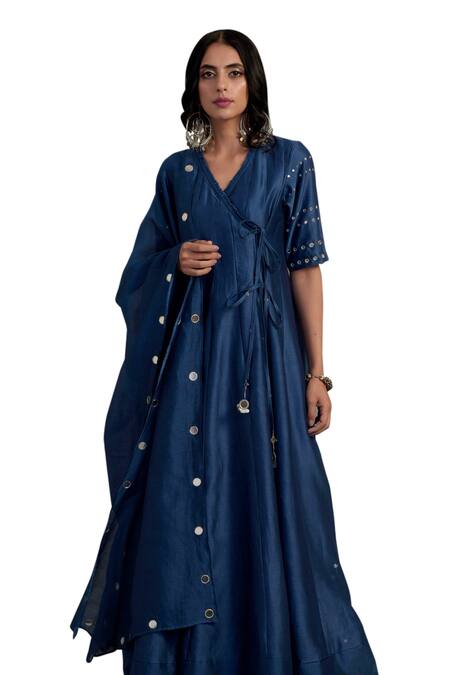Charkhee_Blue Chanderi, Satin, Mirrors V-neck Embroidered Anarkali Set _at_Aza_Fashions